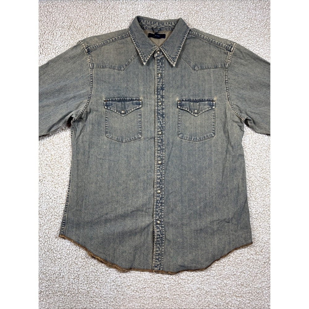 Denim Western Shirt Pearl Snap Men's L Distressed Blue Denim Long Sleeve GAP
